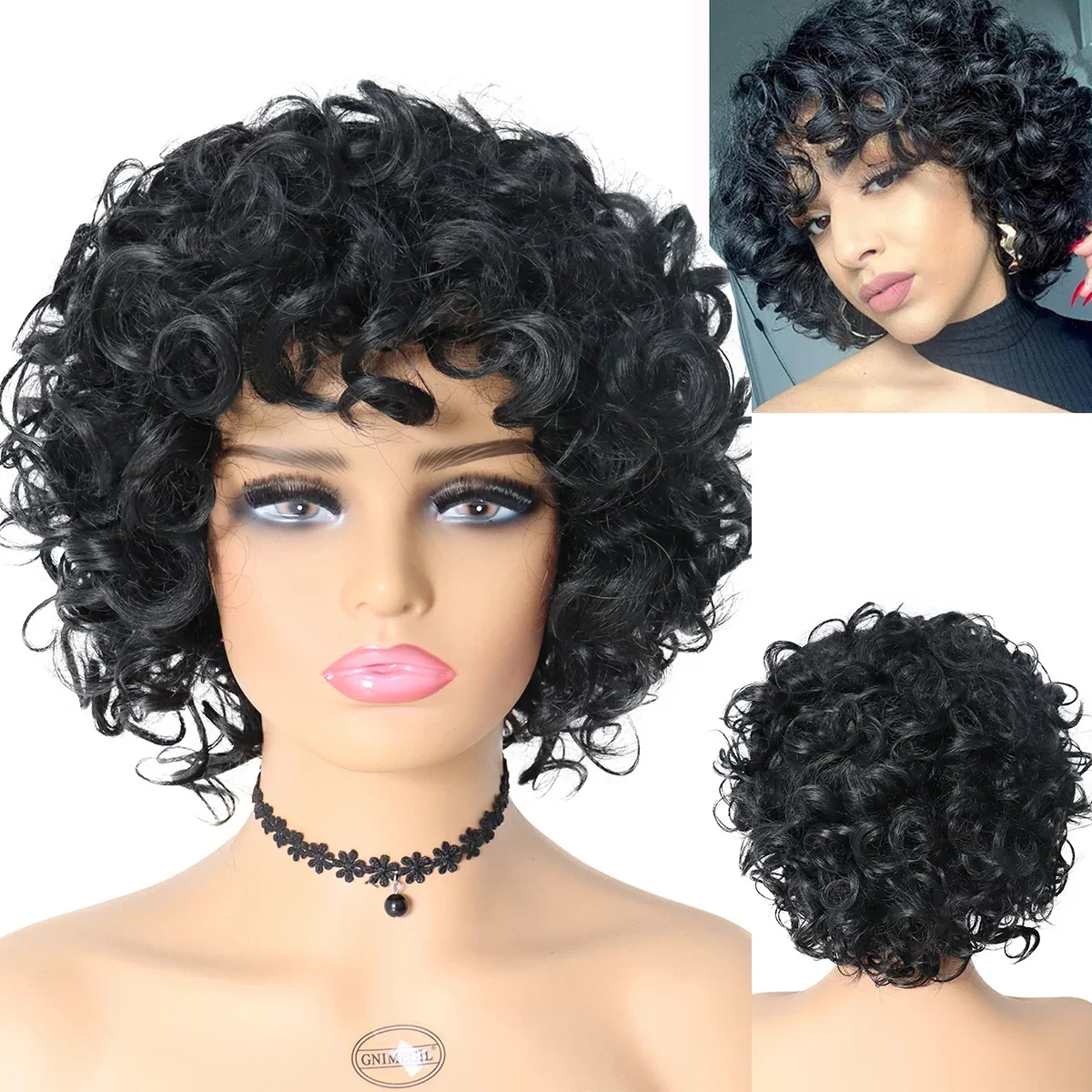 

GNIMEGIL Synthetic Black Curly Afro Wig with Bang for Women Natural Wig Curls Kinky African American Wig Mix Brown Bombshell Wig