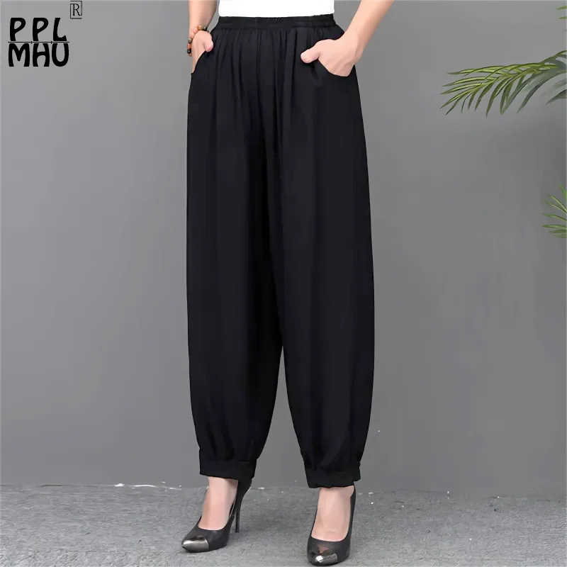 

Summer Thin Classics Black Bloomers Women Oversize Casual Elastic High Waist Baggy Pants Mother Ankle Length Harem Pantalones