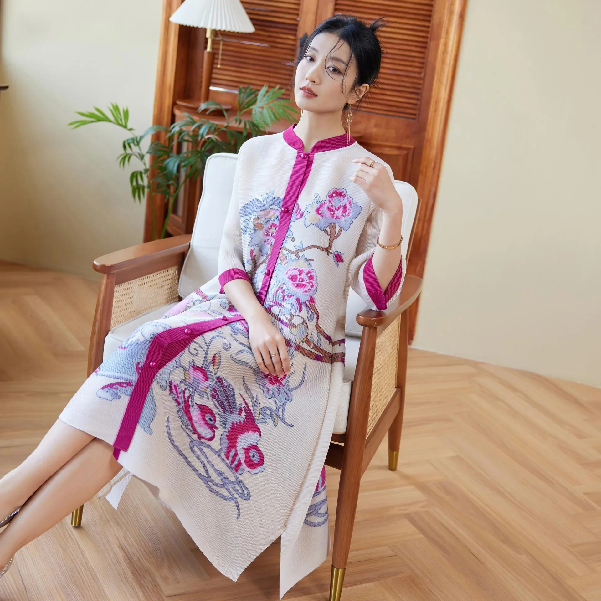 

Женское плиссированное платье Miyake, элегантное свободное платье-Кардиган большого размера с воротником-стойкой и рукавом средней длины, весна 2024