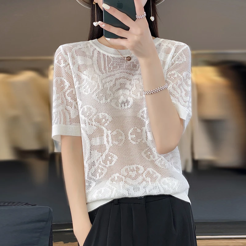 

Thin Crew Neck Worsted Short-Sleeved Female 23 Summer New Hollow Knit Fashion Bottoming Shirt Classic Solid Color Half Sleeve