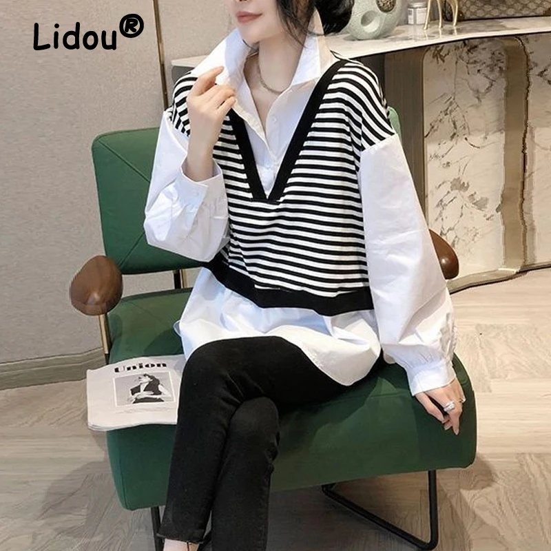 

Women Striped Patchwork Oversized Streetwear Shirt Spring Autumn Fashion Appliques Long Sleeve Chic Blouse Y2K Tunic Tops Blusas