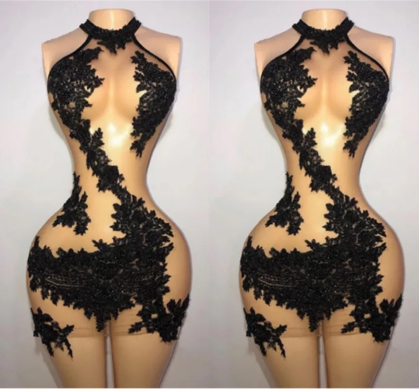 

African Black High Neck Short Prom Party Dresses Sexy Lace Birthday Evening Gowns Cocktail Homecoming Wear Robe De Soiree