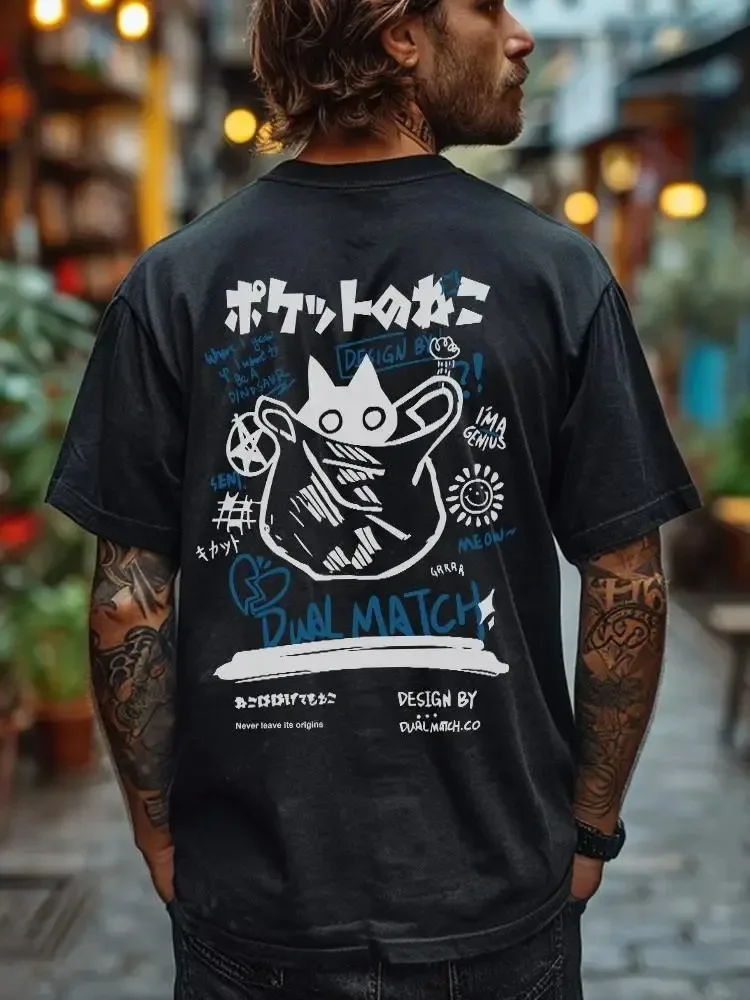 

Hip Hop T-Shirt Men Women Streetwear Japanese Kanji Funny Cat Print T Shirt 2024 Harajuku Cotton Casual Short Sleeve Tshirt Tops