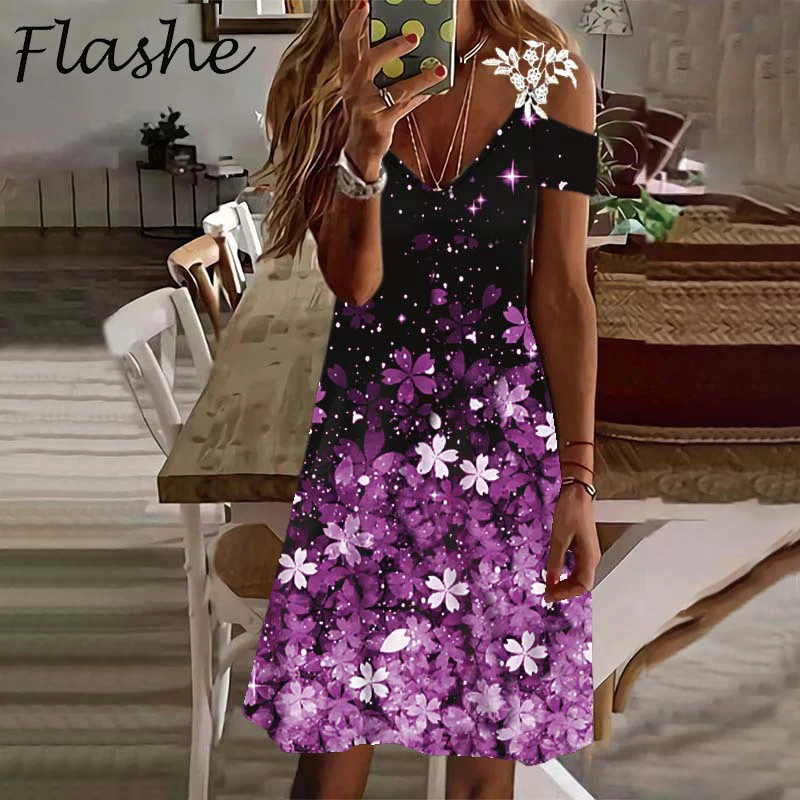 

2022 Summer New Fashion Women Floral Print Short Sleeve Mini Dress Boho Lace Patchwork V Neck Off Shoulder Beach Party Dresses
