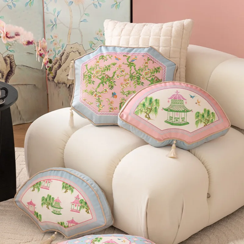 

Pinky Pillows Chinese Retro Garden Flora Cushion Fan Shape Cushions Fresh Pink Blue Decorative Pillow For Sofa Bedding Home Deco