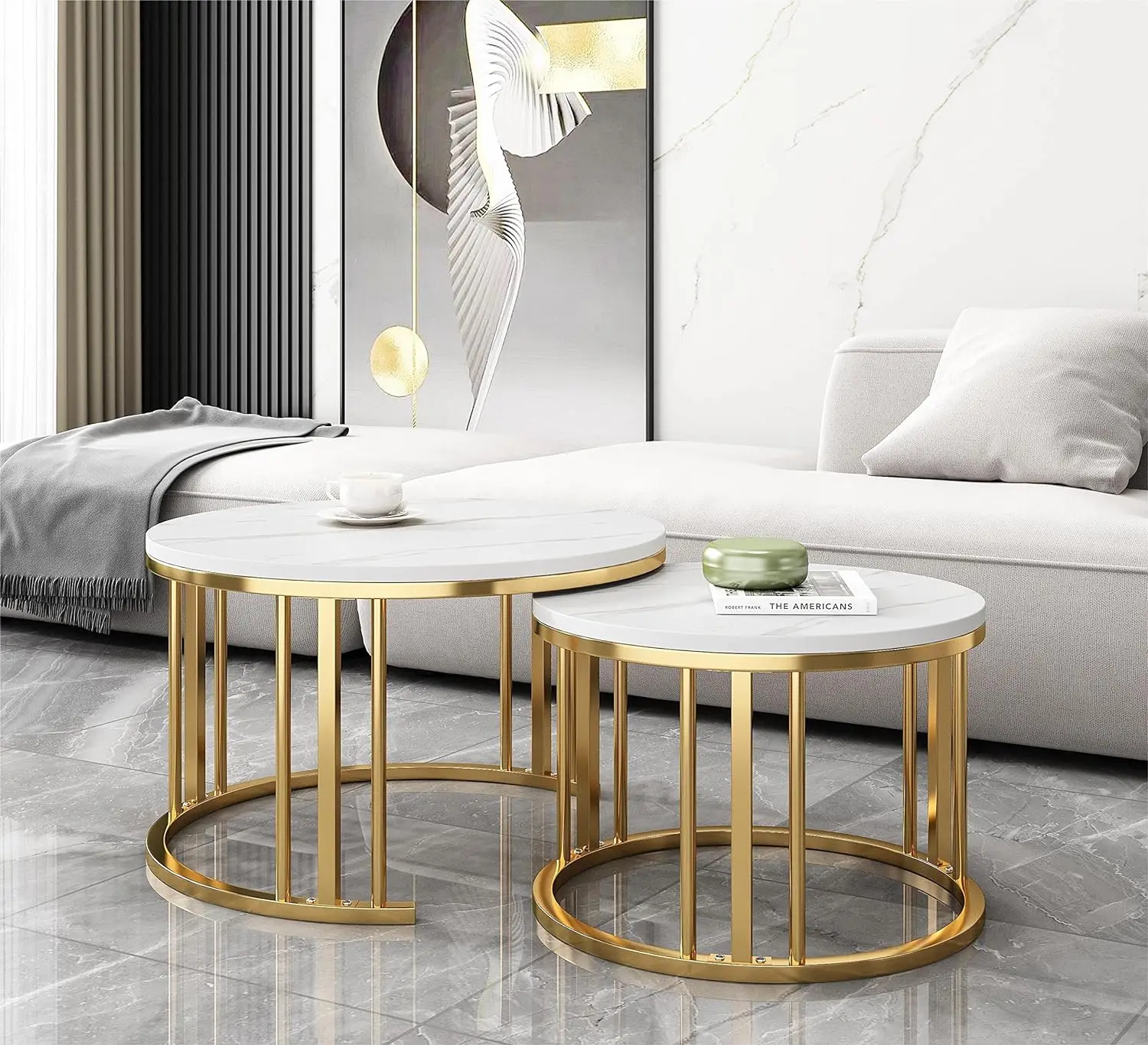 

Круглый журнальный столик-гнездо, набор из 2 современных коктейльных столиков с металлической рамой для гостиной, белый и золотистый (размер рабочего стола 28 + 20 дюймов)