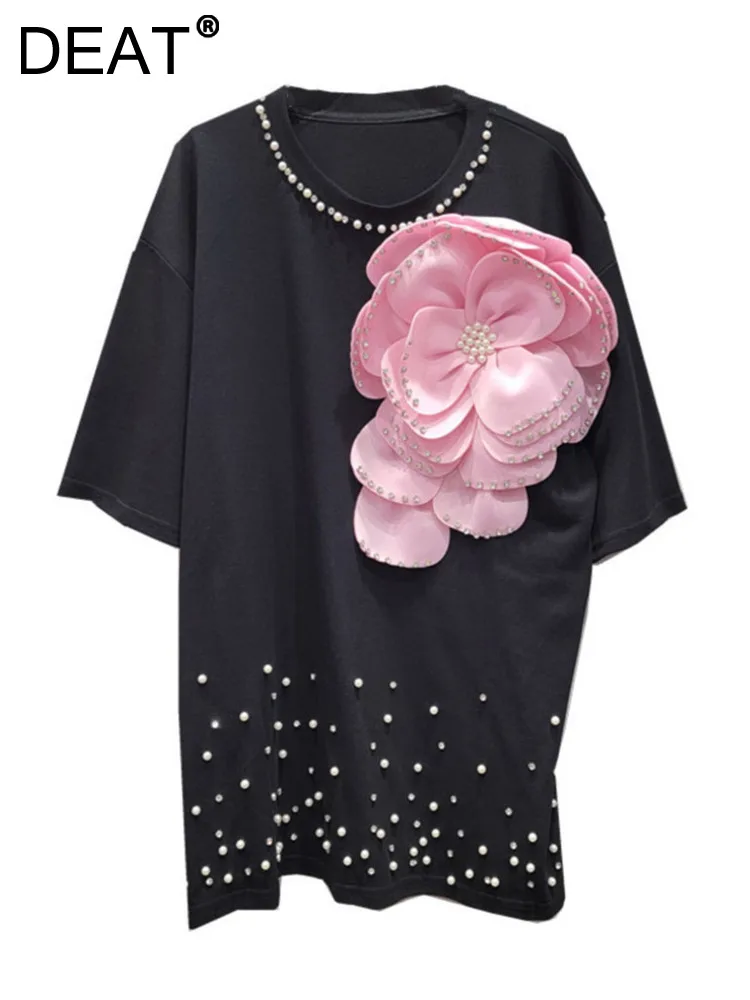 

DEAT Women's T-shirt Loose Spliced 3D Flowers Diamonds Collar Short Sleeve O-neck Pearls Tops 2024 Summer New Fashion 11XX9020