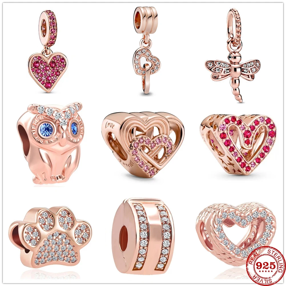 

New 925 Sterling Silver Intertwined Love Hearts Owl Unicorn Rose Charm Bead Fit Original Pandora Bracelet DIY Jewelry For Women