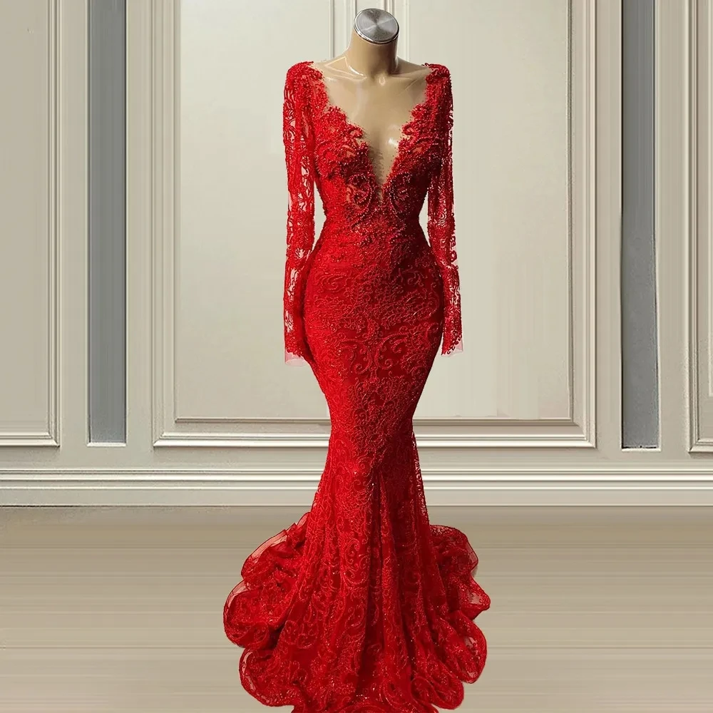 

Amazing Red Lace Evening Dresses 2022 Mermaid Beading Long Sleeves Illusion Neck Major Prom Pageant Gows Robe De Mariage