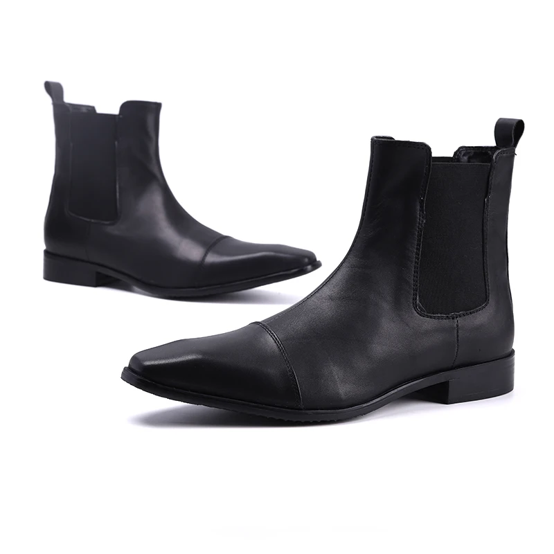 

Social Men Black Pointed Toe Short Boots Business Formal Shoes Large Size Real Leather Man Wedding Party Dress Boots Cowboy Boot