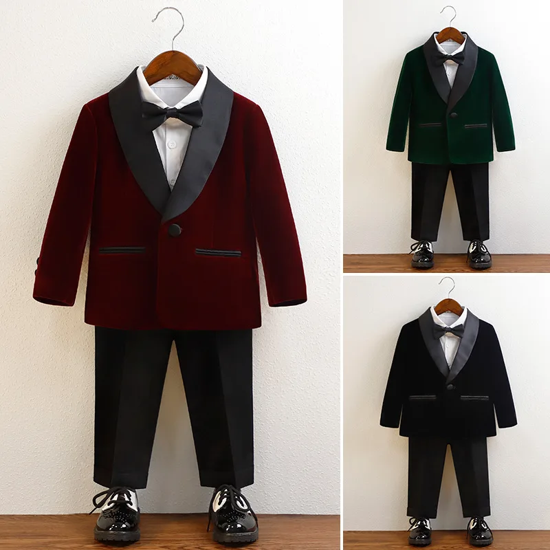 

Children Piano Performance Blazers Set Fashion Velvet Boys Suits for Weddings Black Handsome Kids One Year Old Birthday Outfits