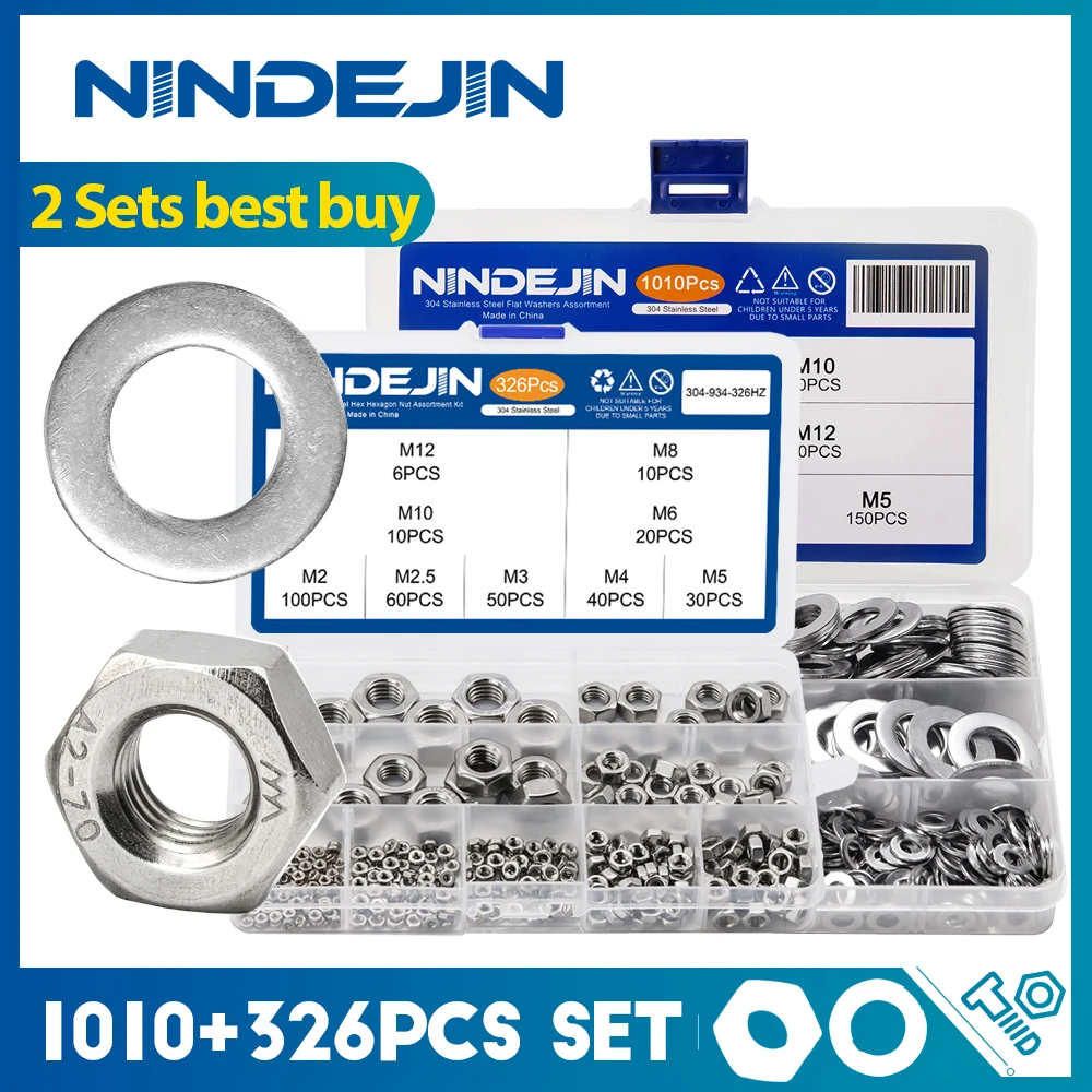 NINDEJIN 326pcs/set M2-M12 Hexagon Nuts Assortment Kit Stainless Steel 1010pcs Flat Washer Set DIN934 & DIN125
NINDEJIN 326pcs/set M2-M12 Hexagon Nuts Assortment Kit Stainless Steel 1010pcs Flat Washer Set DIN934 & DIN125
