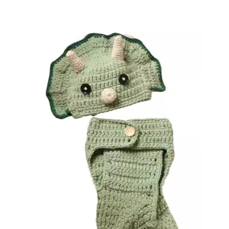 

Q0KB Вязаный комплект из шапки и штанов с изображением динозавра для детской фотографии. Уютная очаровательная одежда.