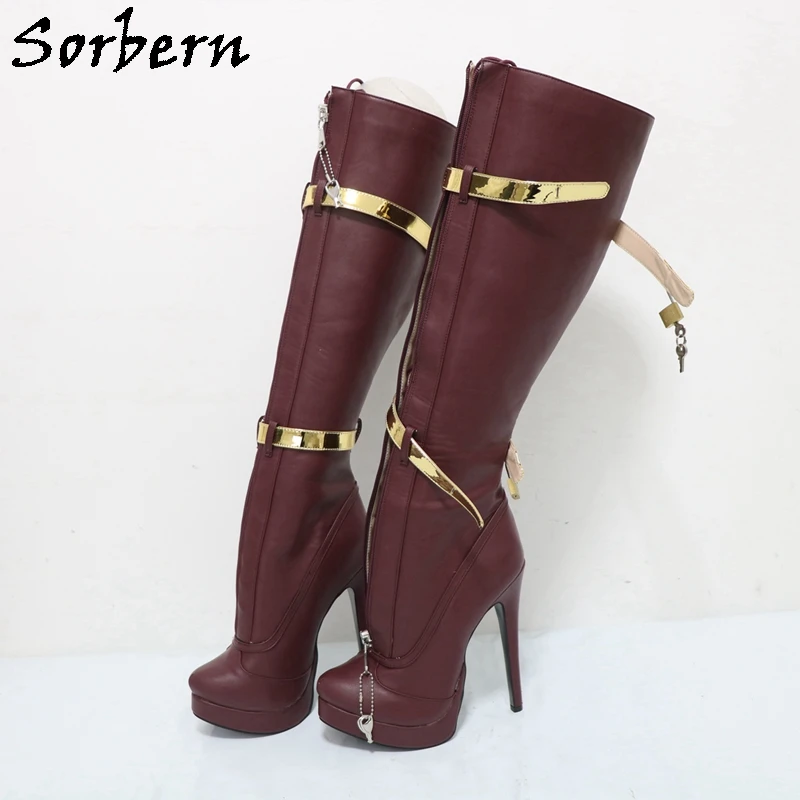 Sorbern Wine Red Knee High Boots For Women Metallic Gold Lockable Straps High Heel Stilettos Unisex Platform Shoes Custom
Sorbern Wine Red Knee High Boots For Women Metallic Gold Lockable Straps High Heel Stilettos Unisex Platform Shoes Custom