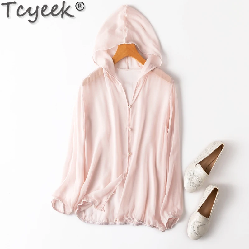 

Tcyeek 100% Mulberry Silk Top Female Fashion Coat for Women Spring Summer Tops Hooded Thin Sunscreen Clothing 2024 Solid Color