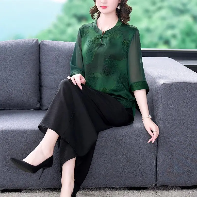 Mom's Summer Yarn Top Medium Sleeve Printed Shirt High End Silk Wide Leg Pants Two Piece Set Women Elegant Trousers Outfit Z1424
Mom's Summer Yarn Top Medium Sleeve Printed Shirt High End Silk Wide Leg Pants Two Piece Set Women Elegant Trousers Outfit Z1424