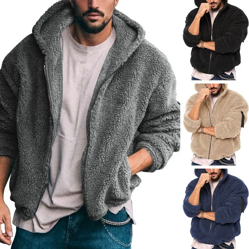 

Solid Color Men Jacket with Fashion Design Men's Trendy Fluffy Hooded Coat with Thickened Fleece Zipper Closure Long for Winter