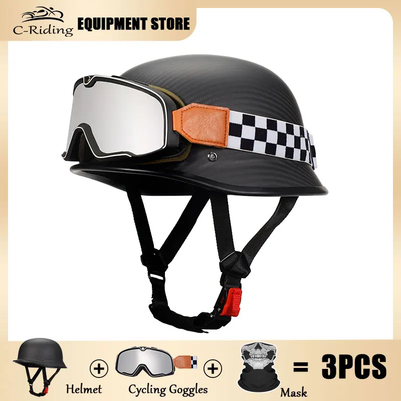 

Half Face Helmet with Goggles Low Profile Motorcycle Helmets Carbon Fiber Shell Cascos Para Motos DOT Approved 1/2 Open Helmet