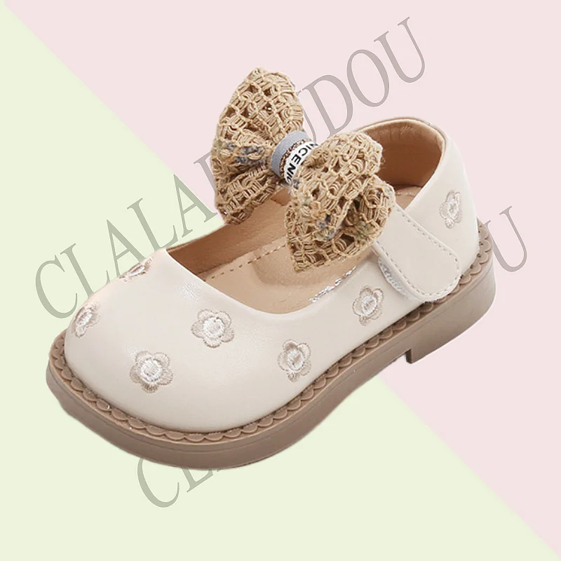 

Claladoudou Embroidered Flowers Infant Flats Shoes Microfiber Leather Toddler Girls Spring Shoes With Lace Bowtie-knot Soft Flat
