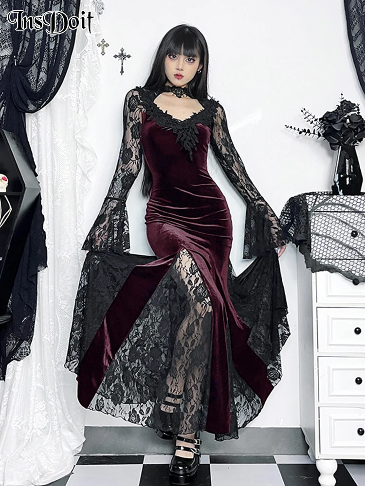 

InsDoit Mall Goth Lace Patchwork Fishtail Dress Women Retro Velet Transparent Embossed Long Sleeve Harajuku Ruched Lolita Dress
