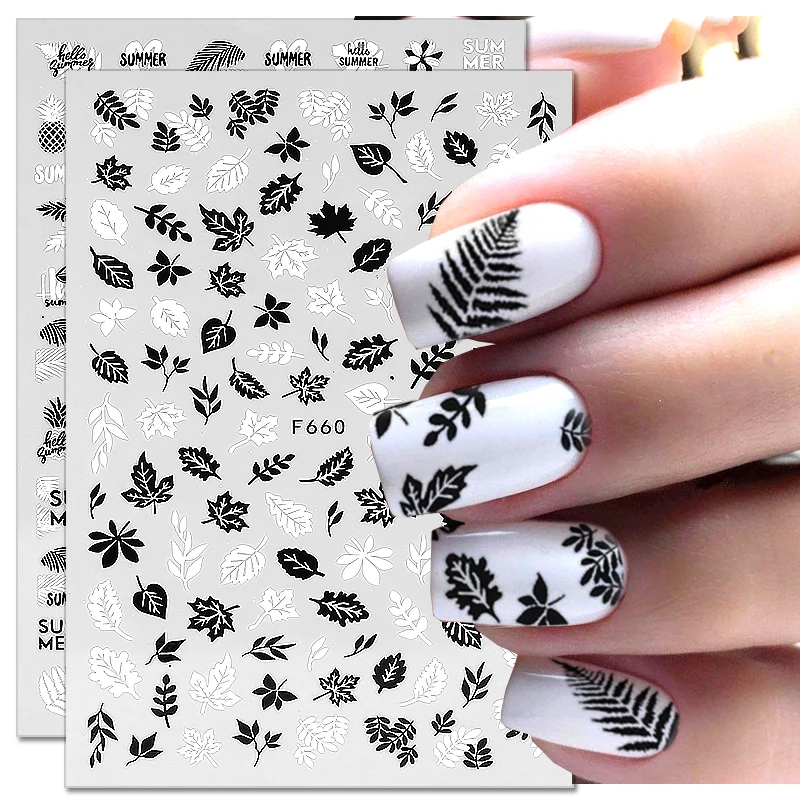 

Black White 3D Summer Beach Ocean Nail Stickers Tropical Palm Tree Autumn Maple Leaves Nail Decals Slider DIY Art Decorations