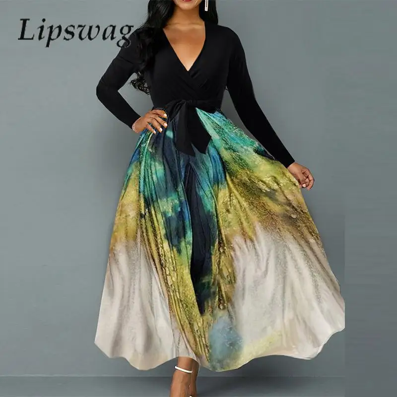 Fashion Printed Splicing Slim Fit Party Dress Elegant Swing Medium Sleeve Belt Commuter Dress Sexy V-Neck Temperament Long Dress
Fashion Printed Splicing Slim Fit Party Dress Elegant Swing Medium Sleeve Belt Commuter Dress Sexy V-Neck Temperament Long Dress