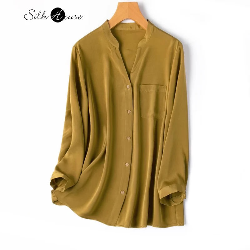 

2024 Women's Spring New 26MM Heavyweight 93%Natural Mulberry Silk Heavy Wrinkle V-neck OL Style Ginger Yellow Shirt