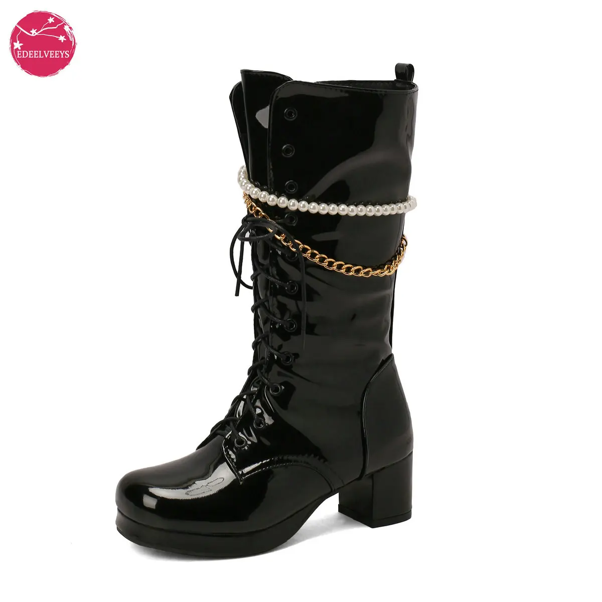 

Женские мотоциклетные ботинки средней высоты, блестящая лакированная кожа на каблуке Chuncky, форма Lolita JK, шнурок для обуви, цепочка с бусинами
