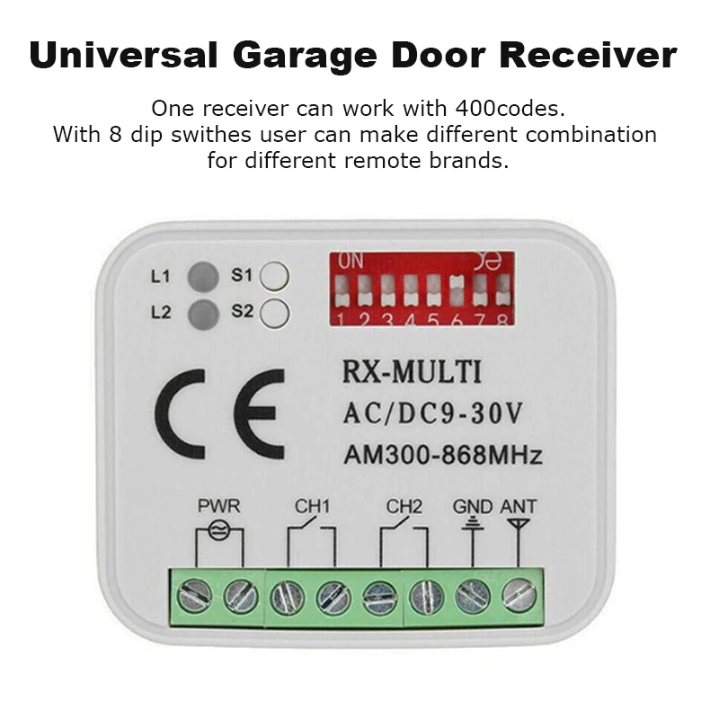 300-900MHZ AC DC 9-30V Universal Garage Gate Receiver Controller BENINCA BERNER HORMANN MARANTEC 868mhz Receiver 433
300-900MHZ AC DC 9-30V Universal Garage Gate Receiver Controller BENINCA BERNER HORMANN MARANTEC 868mhz Receiver 433