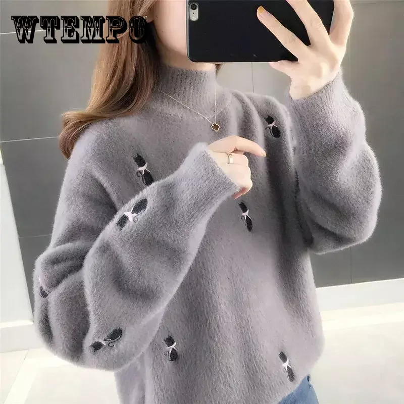 

WTEMPO Women's High Half Neck Long Sleeve Knitted Sweater Cute Cat Decoration Loose Soft Comfy Ladies Knitwear Pullover Jumper