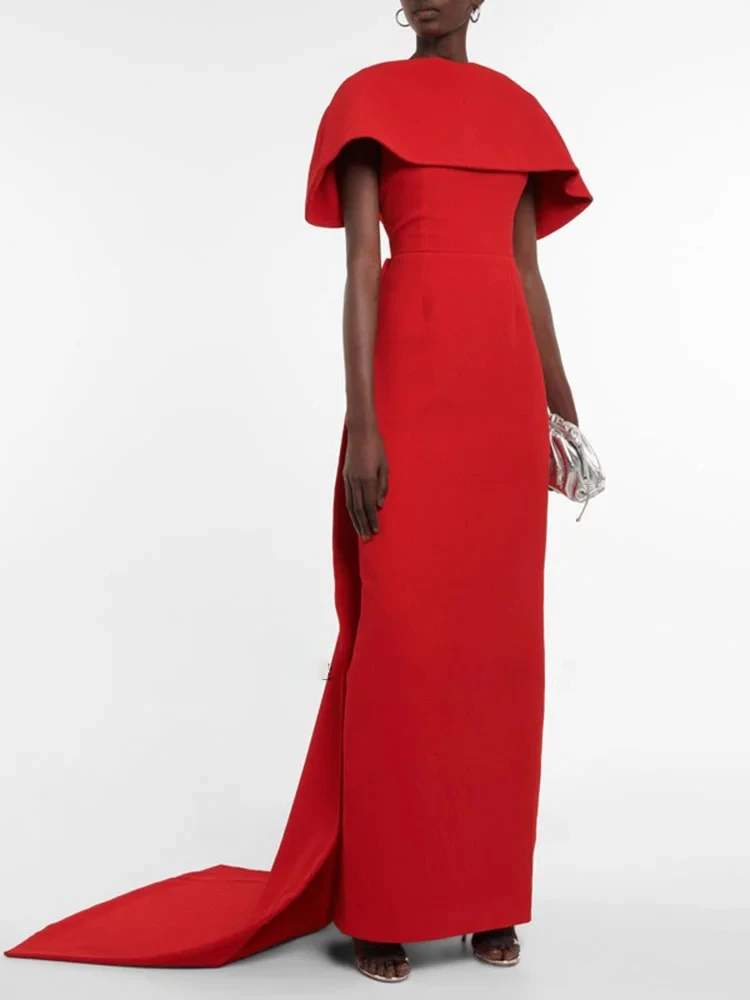 

VENUS Elegant Evening Dress Long Red Crepe Prom Dresses Sheath Muslim Floor Length Sweep Train Robe De Soiree Formal Party Dress