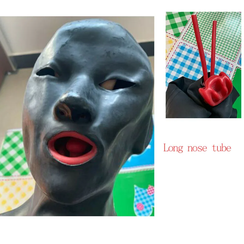 

3D Latex Hood 0.6mm Thickness Rubber Mask Fetish Closed Open Eyes with Red Mouth Gag Plug Long Nose Tube Back Zip or Men