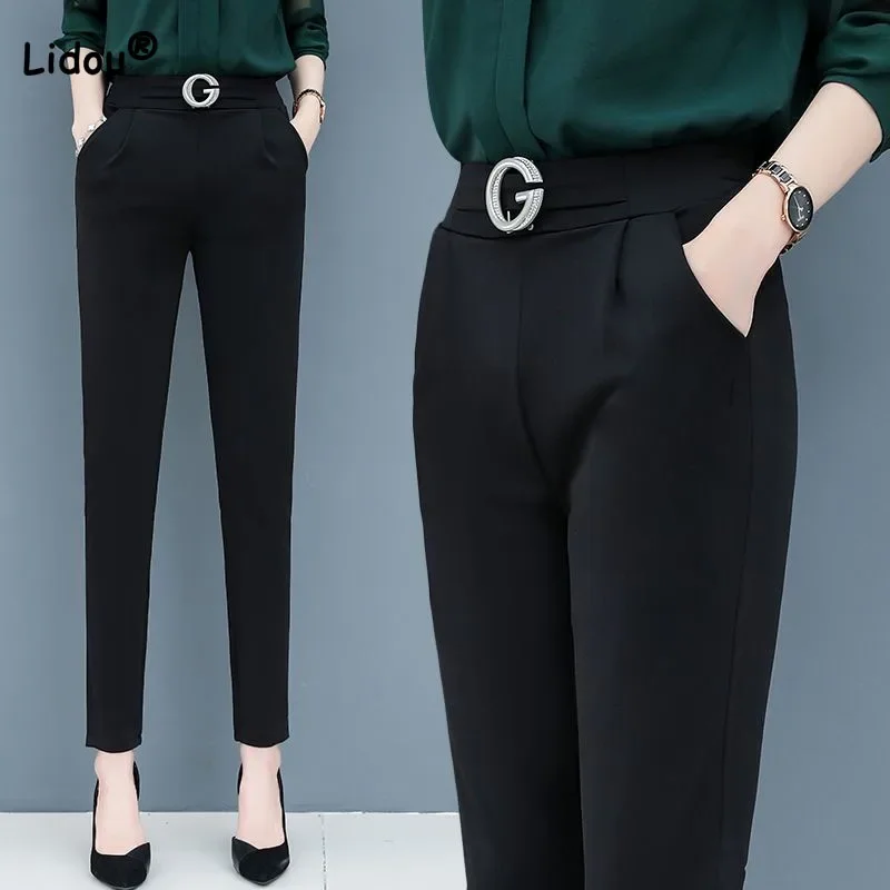 

Office Lady Simplicity High Waist Harem Pants Casual Korean Metallic Spliced Solid Color Trousers Women's Clothing