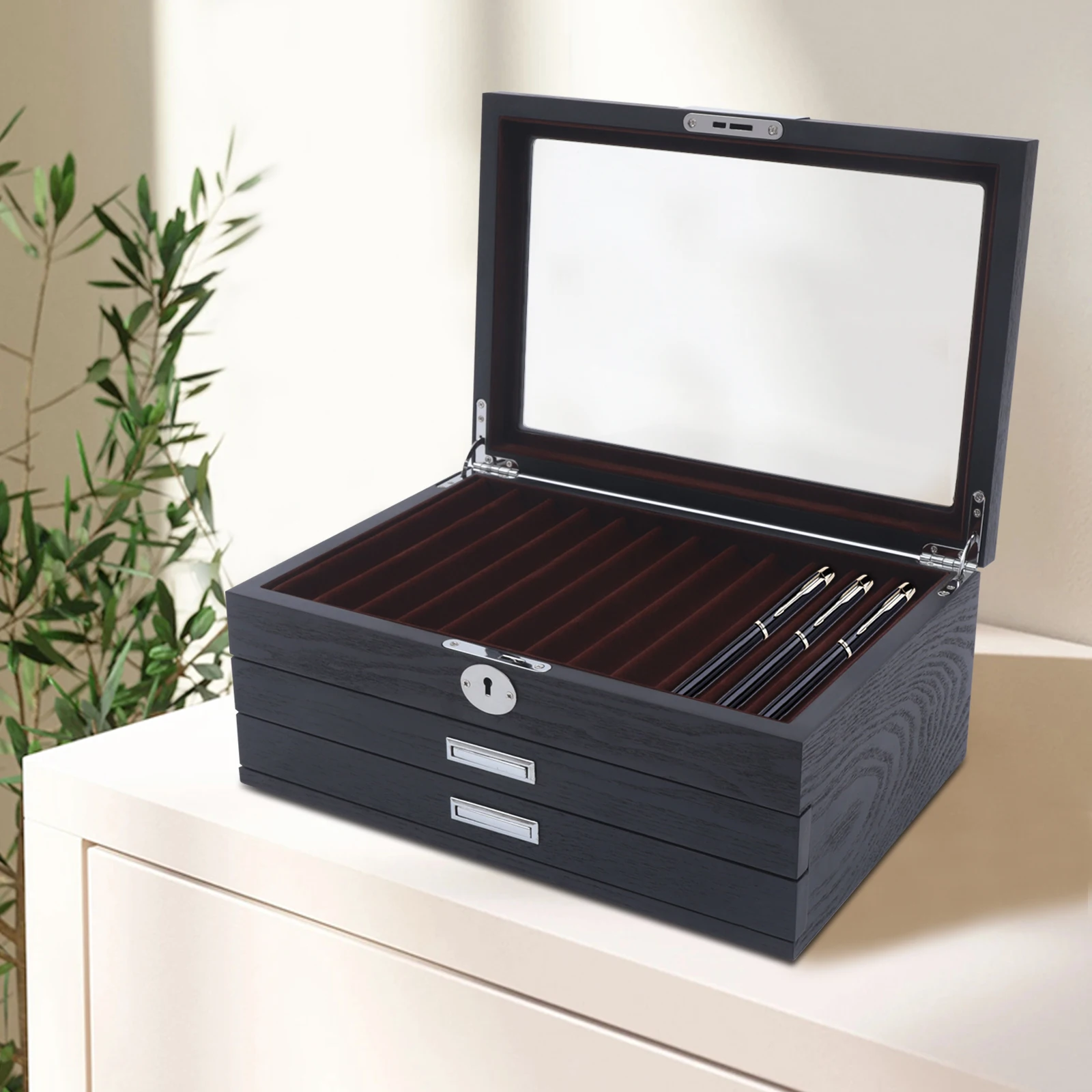 

3 Layers Wood Display Box Fountain Collector Housekeeping & Organization 12 Slot Pen Storage Organizer Case