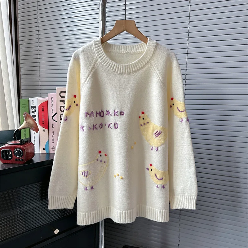 

chicken Jacquard pullover knitted sweater for women autumn cartoon loose jumpers grey color tops cropped cardigan