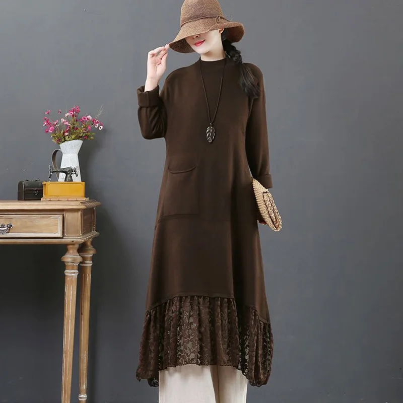 

Elegant O-Neck Spliced Pockets Loose Solid Color Lace Dress Women's Clothing 2023 Autumn New Oversized Office Lady Midi Dress