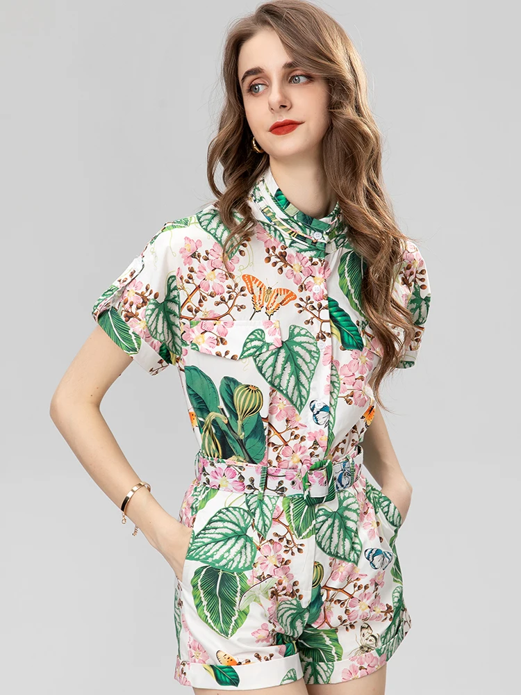 

MoaaYina Fashion Runway Summer Shorts Suit Women's Short sleeve Single-breasted Floral print Belted Shirts + Shorts 2 Pieces Set