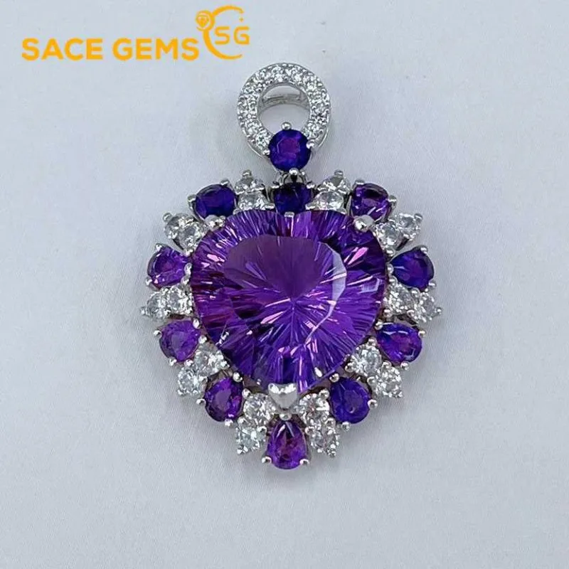 

SACE GEMS S925 Sterling Silver 15MM Natual Amethyst Pendant Necklaces Brooch for Womne Engagement Cocktail Party Fine Jewelry