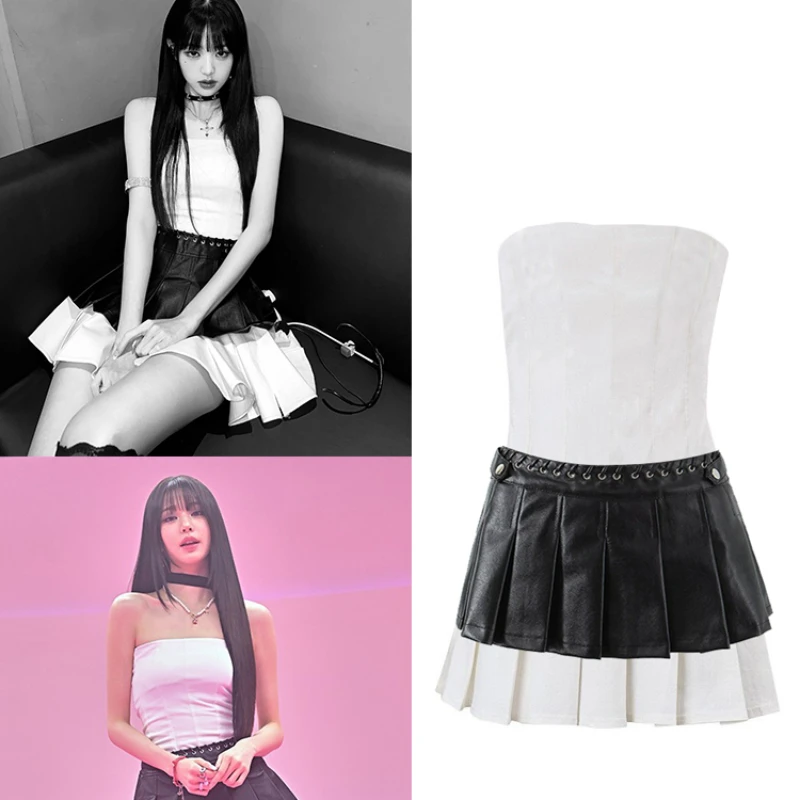 Костюм для джазовых танцев в стиле K-POP, белое асимметричное плиссированное платье без бретелек, черная юбка из искусственной кожи на шнуровке, танцевальные костюмы для сцены
Костюм для джазовых танцев в стиле K-POP, белое асимметричное плиссированное платье без бретелек, черная юбка из искусственной кожи на шнуровке, танцевальные костюмы для сцены