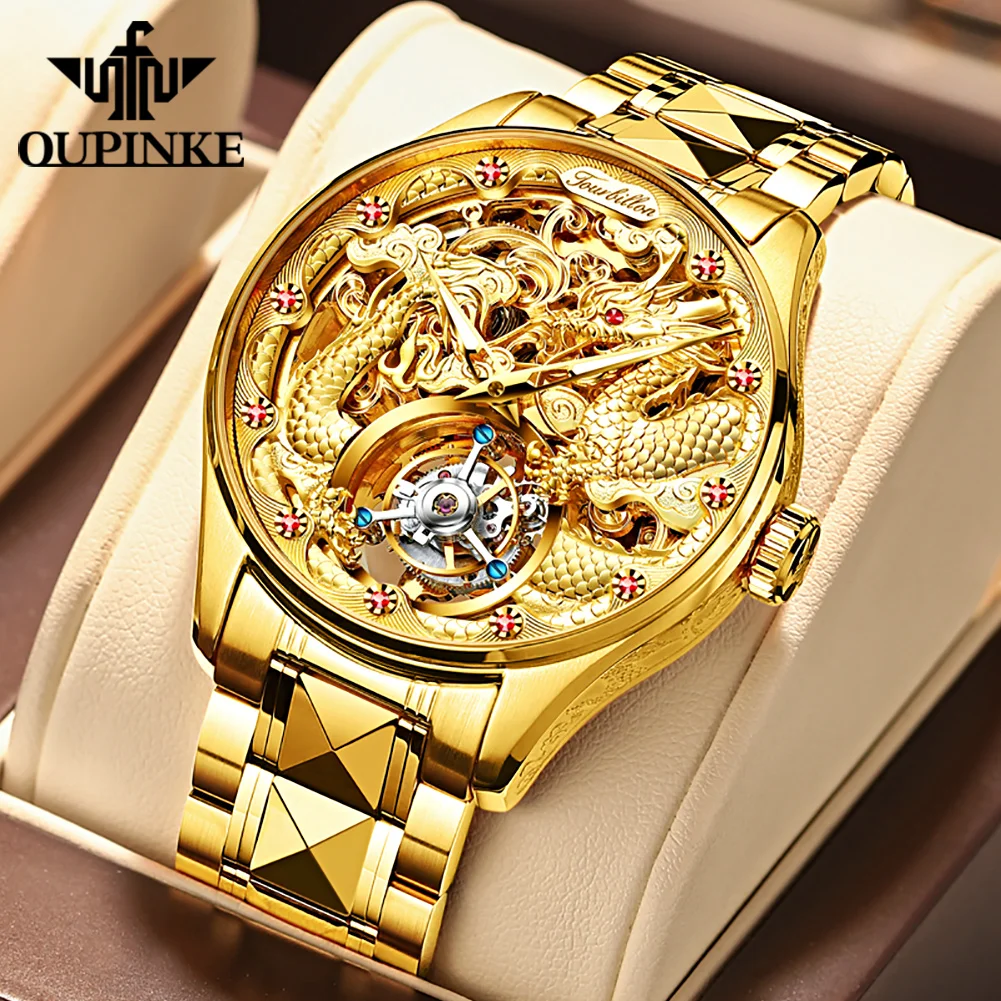OUPINKE Luxury Gold Dragon Dial Watches for Men Automatic Mechanical Tourbillon Watch Sapphire Mirror Skeleton Male Wristwatches
OUPINKE Luxury Gold Dragon Dial Watches for Men Automatic Mechanical Tourbillon Watch Sapphire Mirror Skeleton Male Wristwatches