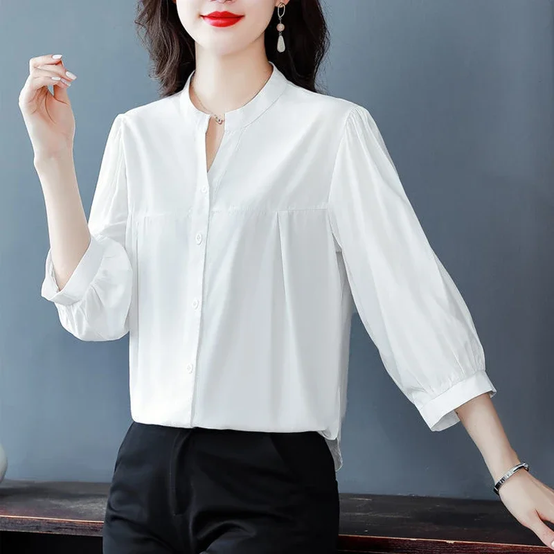 

Casual Loose Solid Three Quarter Sleeve Button Up Shirt 2024 Spring Elegant Fashion V Neck Top Blouse Women Blusas ZL492