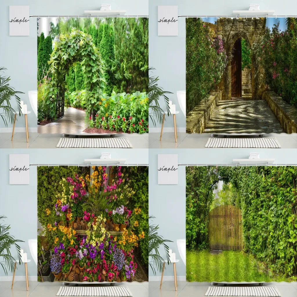 

Arched Garden Scenery Shower Curtain Green Plants Flowers Vine Forest Trees Landscape Bathroom Decor With Hook Waterproof Screen