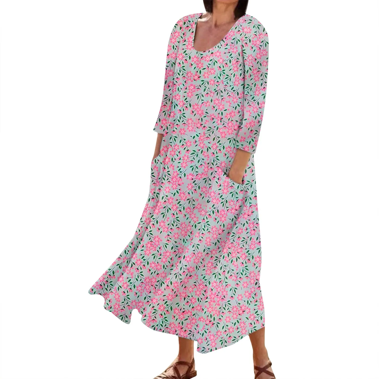 

Women's Fashion Floral Printed Loose Patchwork Casual Seven Sleeve Cotton Pocket Dresses vestidos verano moda 2024 платье