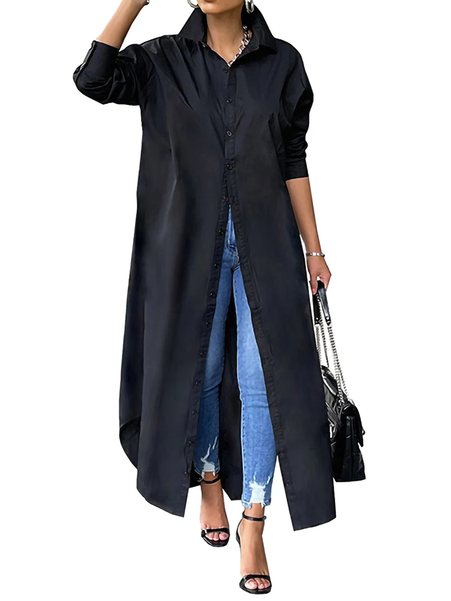 

Women s Button Down Kaftan Tops Solid Color Long Sleeves Lapel Collared V Neck Loose Shirt Dress Long Coat Blouse Dress