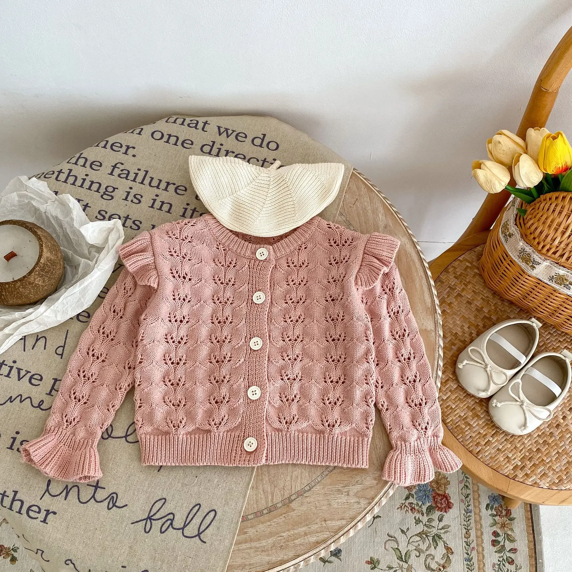 

Coat Autumn Season Versatile Cotton Yarn Baby Children Flying Sleeve Hollowed Out Round Neck Knitting Cardigan Soild