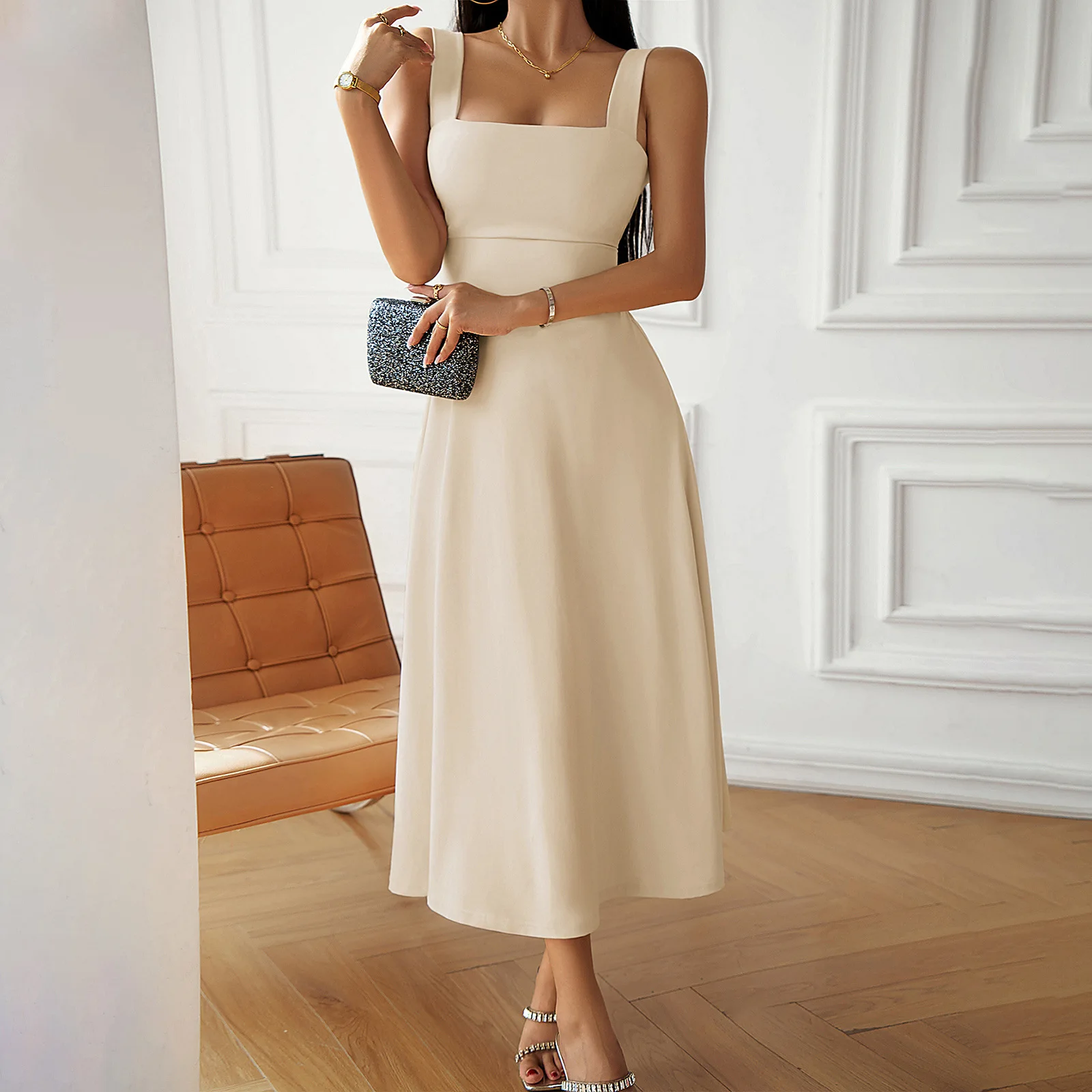 

YEAE Solid Color Halter Sleeveless Long Dress High Waist Slim Elegant A-line Dress Y2K Style Kardashian Traf Commuting2024In New