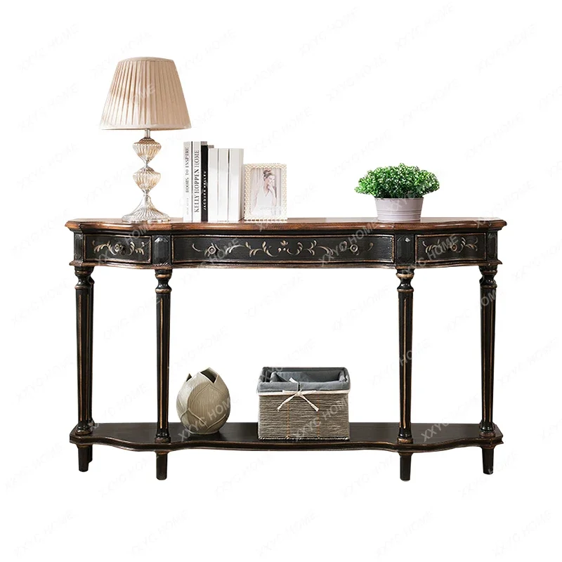 

Distressed American Country Painted Black Hallway Side Table Console 1.5 M Long Table Side Table