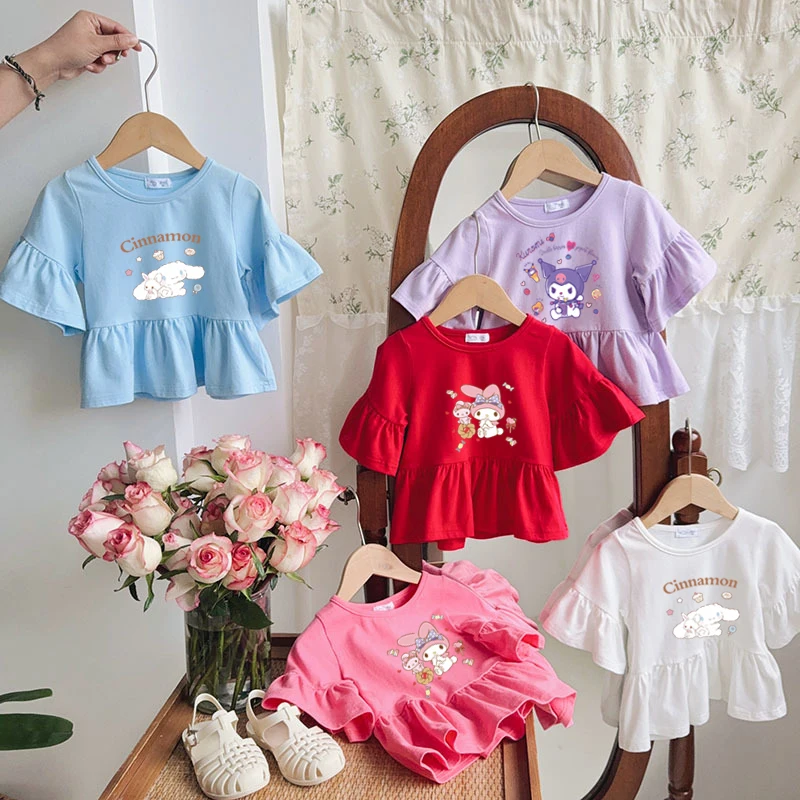 

Sanrio Kuromi Flared Sleeves My Melody Cinnamoroll Spring and Summer Baby Girls Tops Clothes Casual Cotton Children Girlst-Shirt