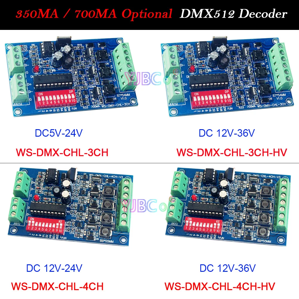 

5 в 12 В 24 в 36 В постоянного тока 3CH 4CH DMX512 декодер 350 мА/700 мА DMX диммер RGB RGBW фотоконтроллер для детской лампы, полосы, лампы