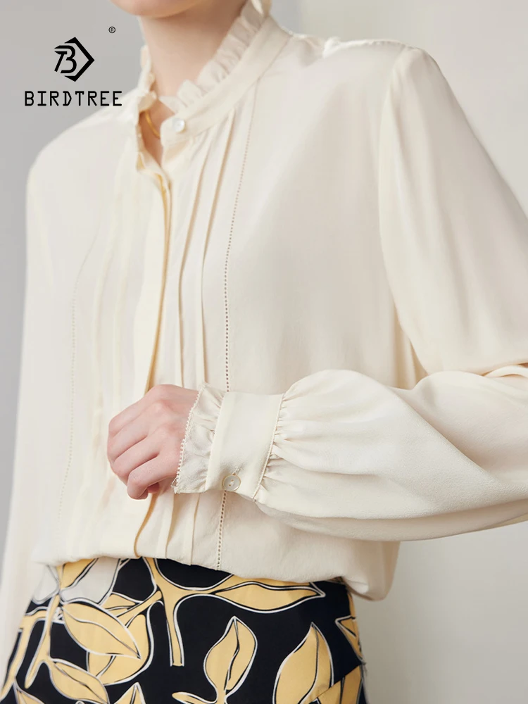 

Элегантная рубашка BirdTree из 100% натурального шелка 18 мм, Женская кружевная блузка с длинным рукавом, однотонная элегантная офисная блузка, весна 2024, T43004QC